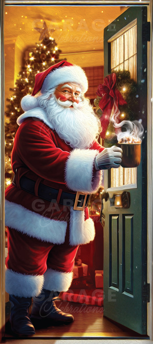 Santa Claus standing in an open door holding a mug of hot chocolate in front of a festive room with Christmas decorations.