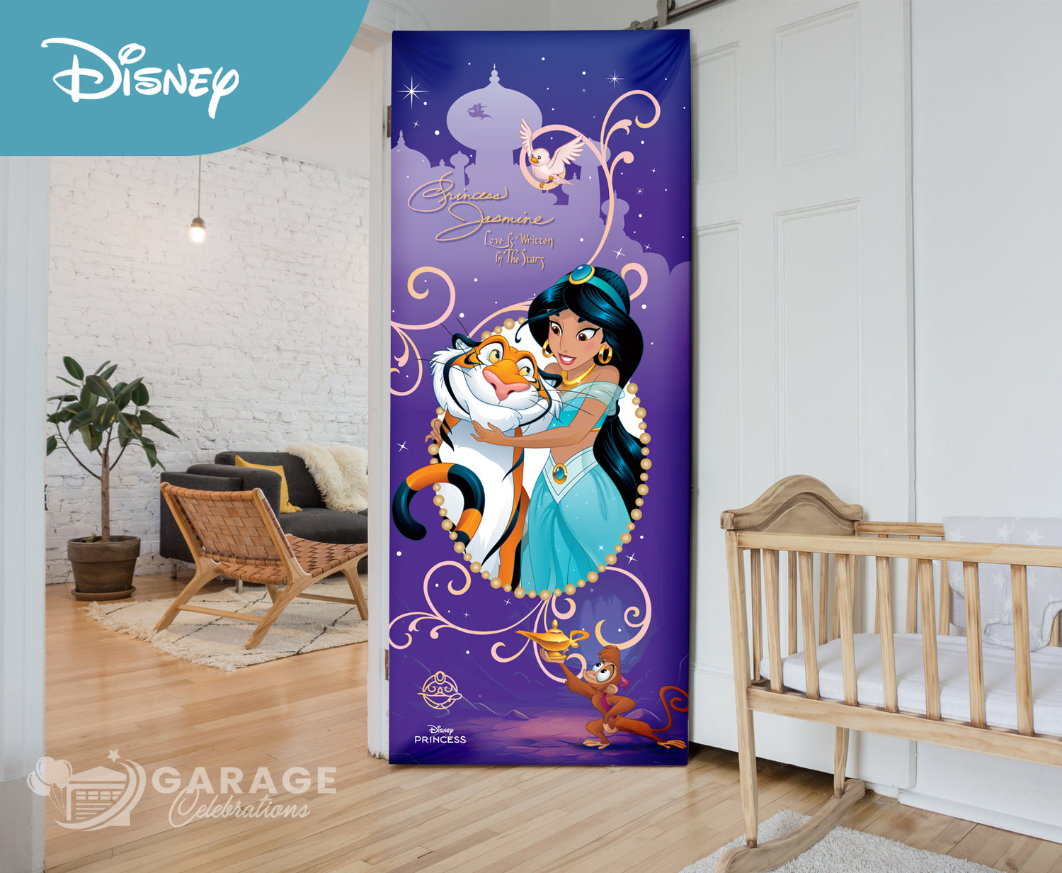Disney-themed door banner featuring Jasmine from Aladdin in a room with a crib and plant.