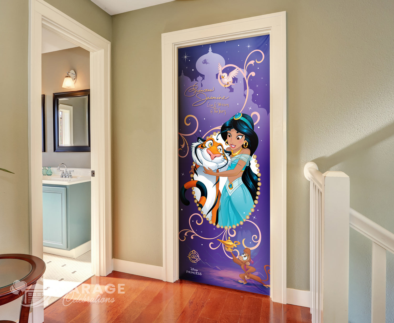 Decorative door with Disney Jasmin and Aladdin characters in a home setting.