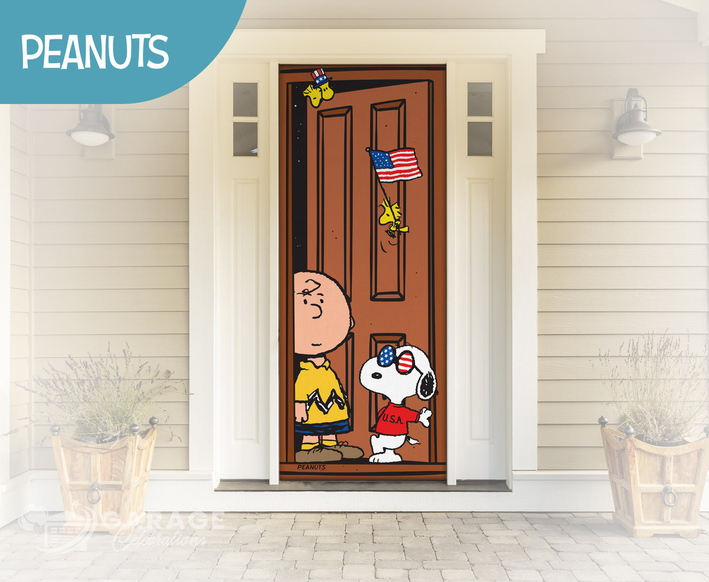 Snoopy and Peanuts cartoon characters at a door with 'Peanuts' branding