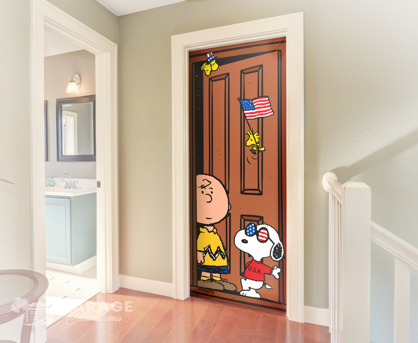 Decorative door with Snoopy and Peanuts cartoon characters in a home interior setting