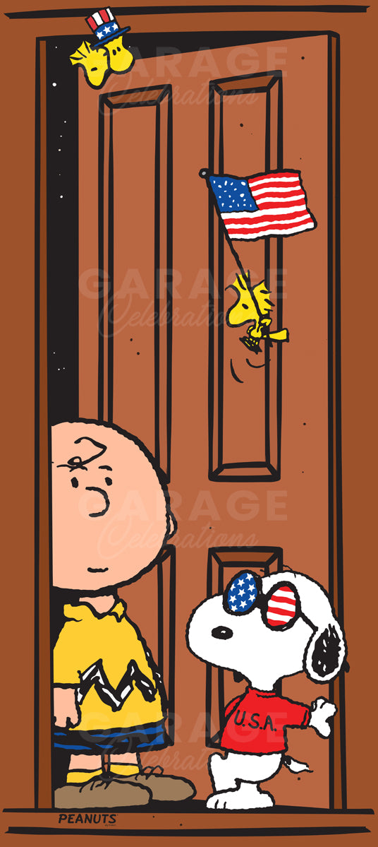 Snoopy and Peanuts characters at a door with American flags and a dog wearing a 'USA' shirt.