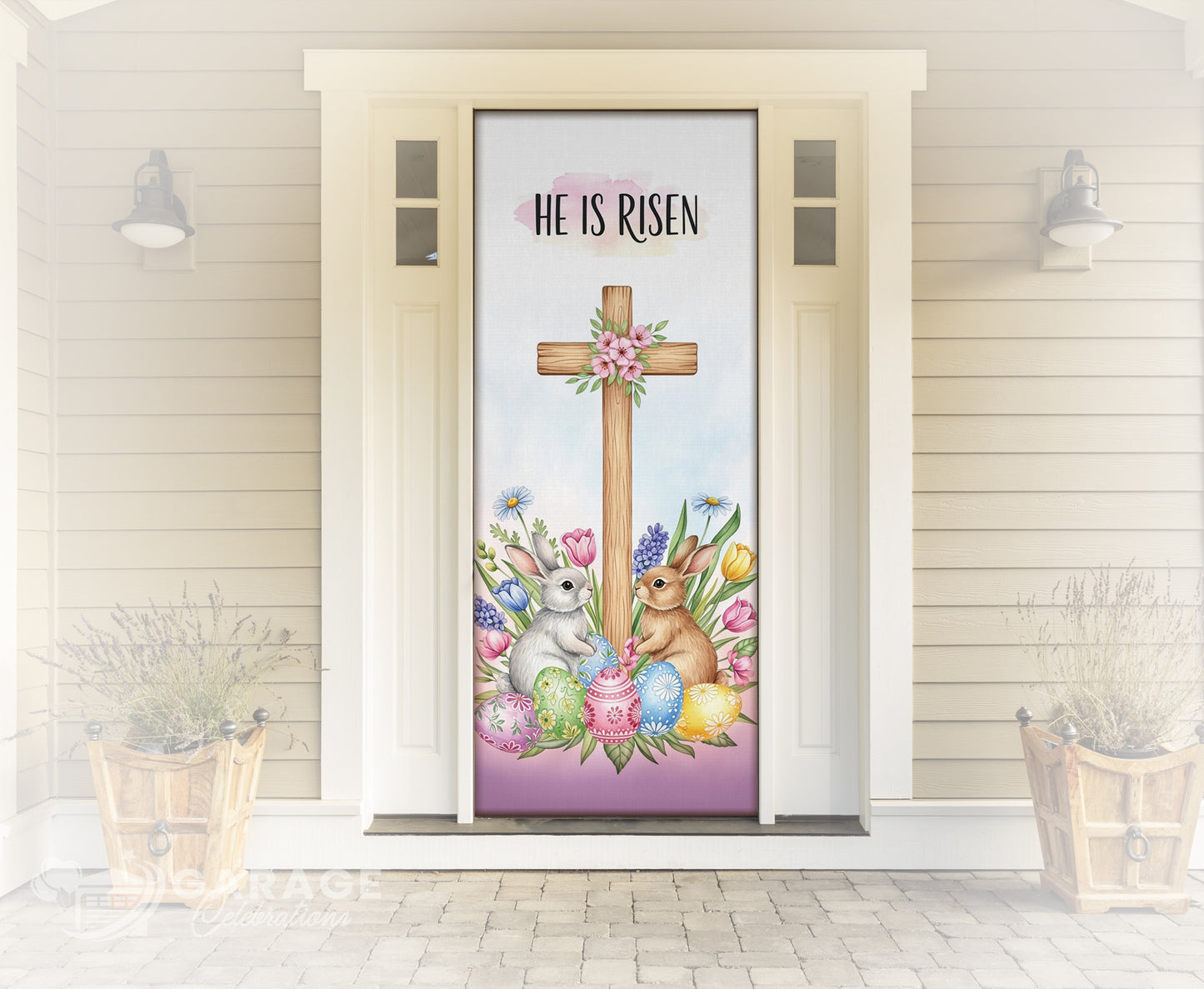 Decorative door with Easter-themed design featuring a cross, bunnies, and eggs on a white wall.