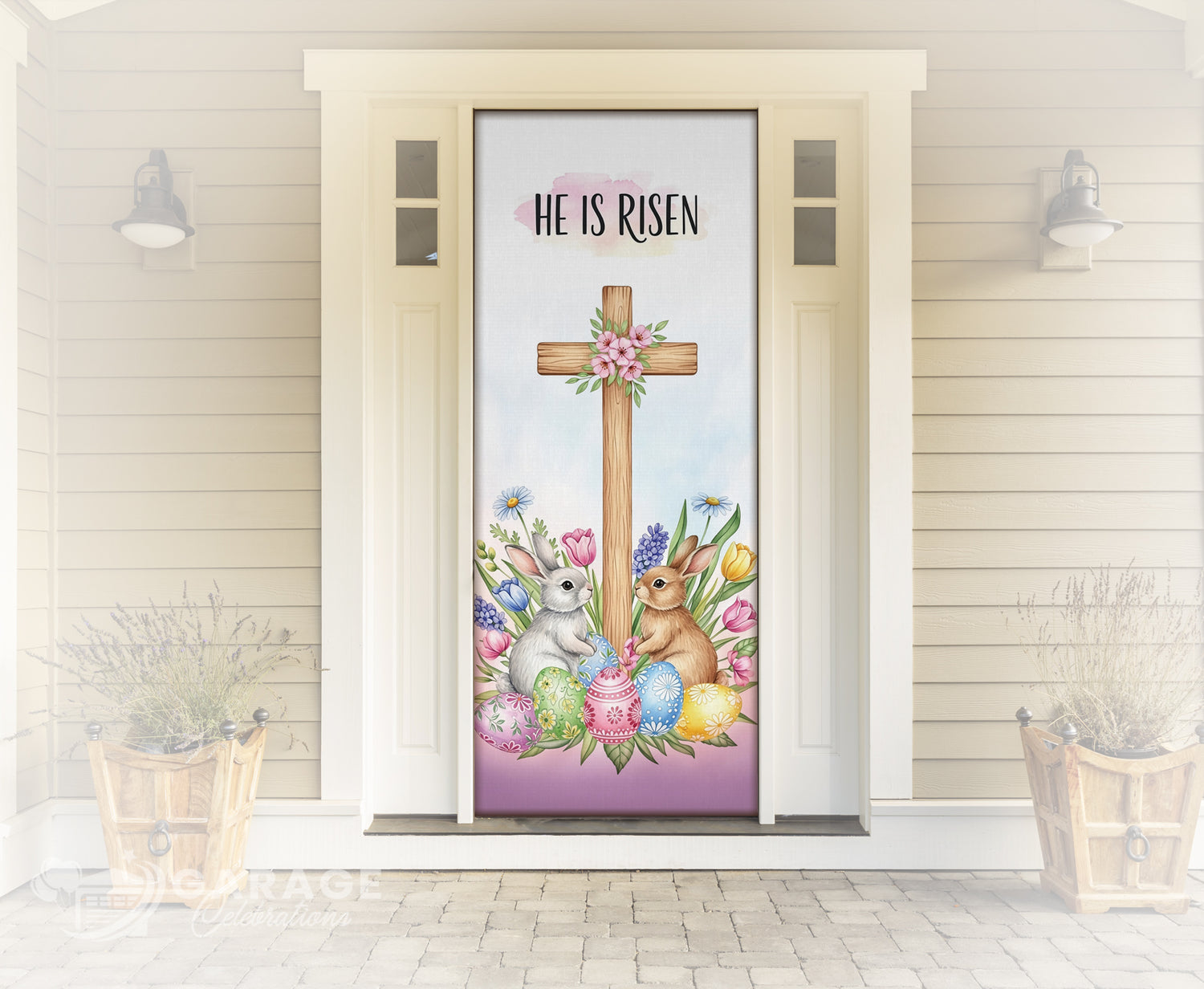 Decorative door with Easter-themed design featuring a cross, bunnies, and eggs on a white wall.