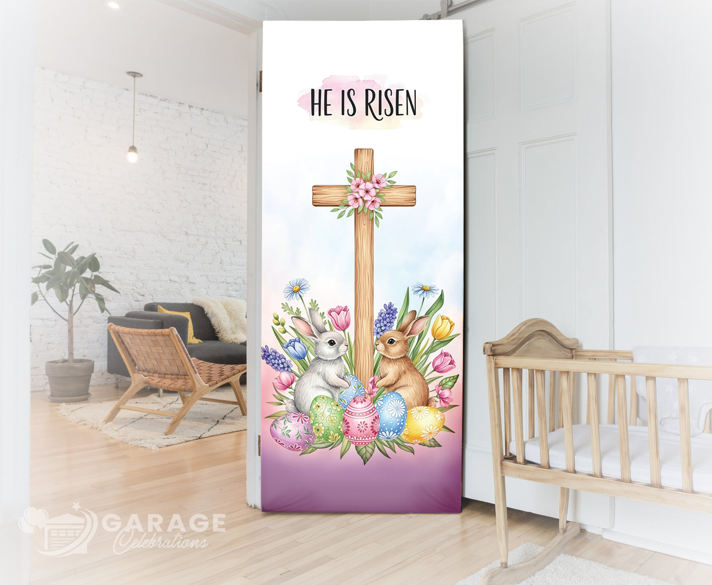 Decorative garage door with Easter design featuring a cross, bunnies, and flowers in a home setting.