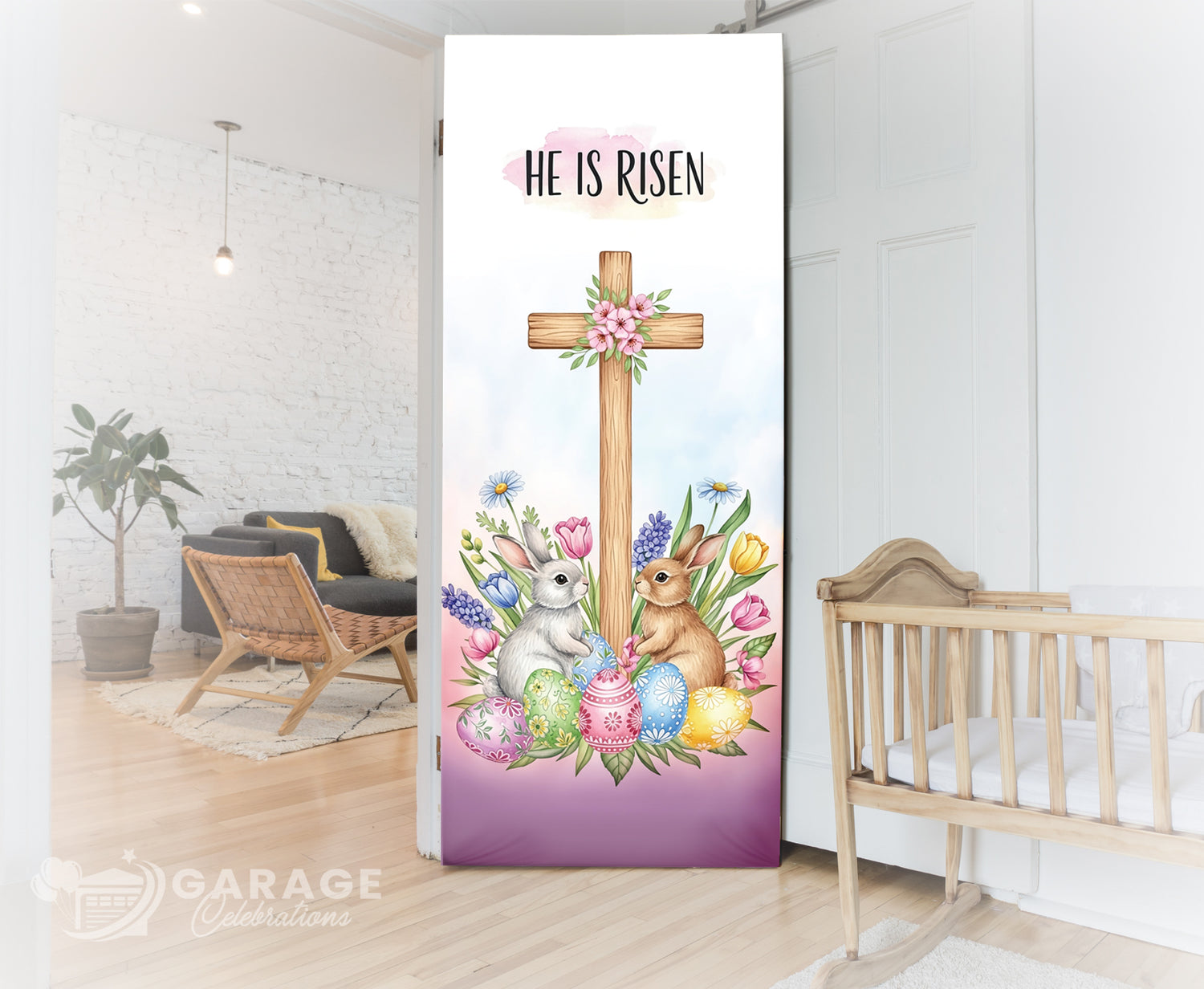 Decorative garage door with Easter design featuring a cross, bunnies, and flowers in a home setting.