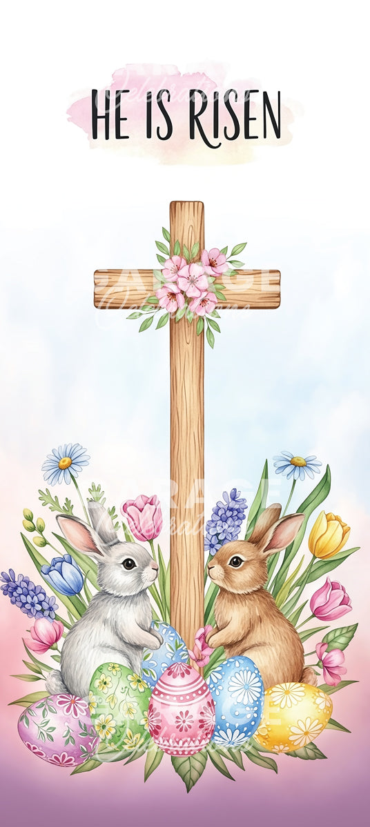Easter-themed design with cross, bunnies, eggs, and flowers on a light pink background.