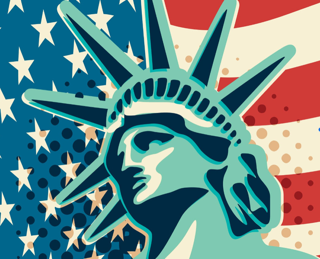 Illustration of the Statue of Liberty on an American flag background