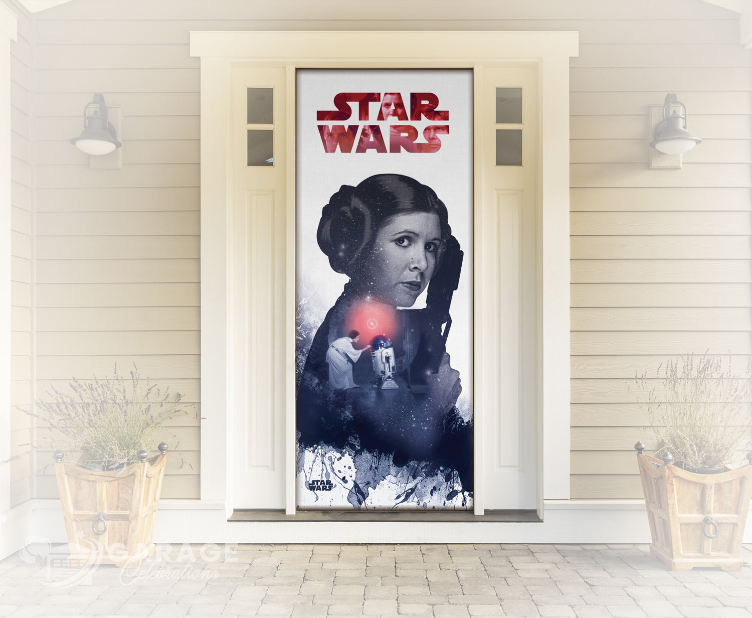 Framed poster of a character from 'Star Wars' on a wall.