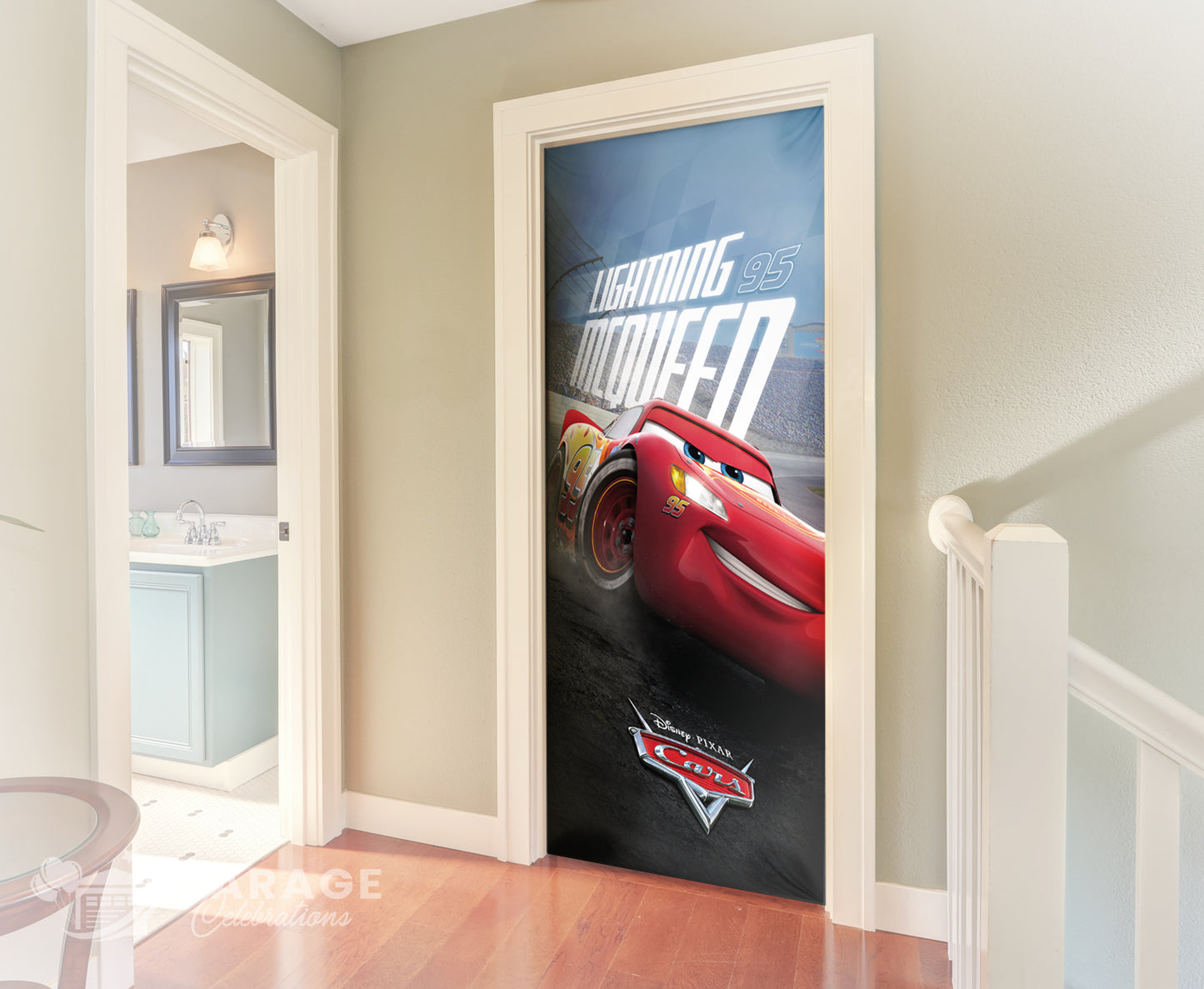 Door with a 'Cars' movie poster featuring a red car and text.