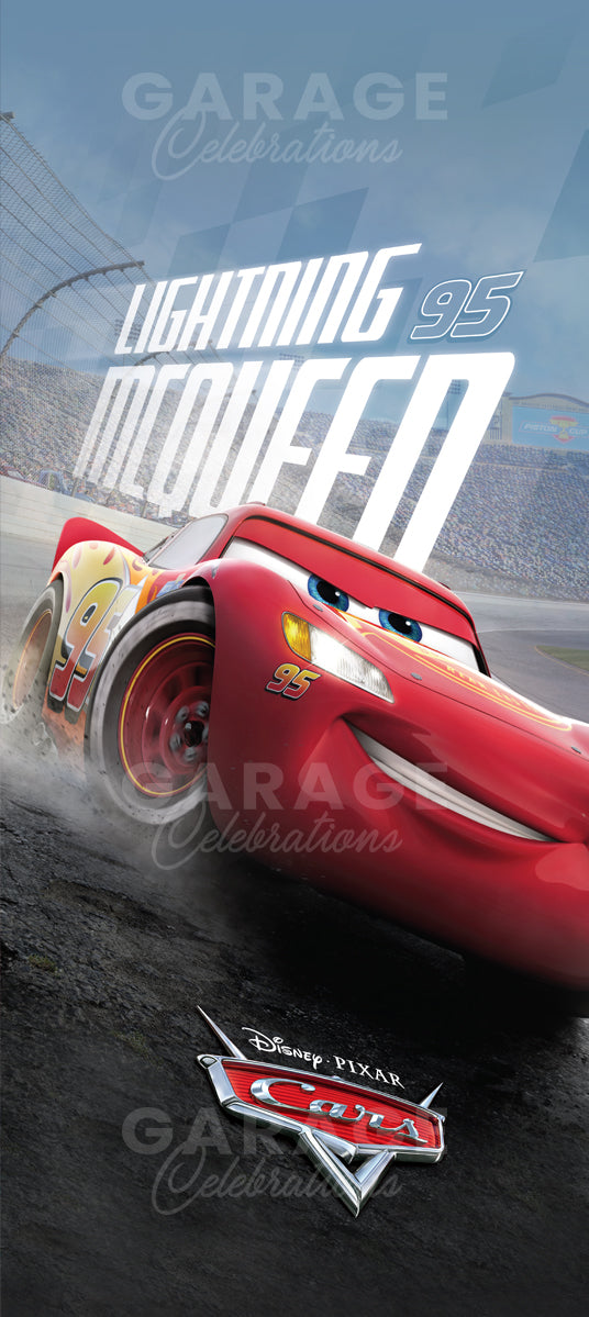 Red race car with 'Lightning McQueen' on a track, featuring Disney Pixar logos.