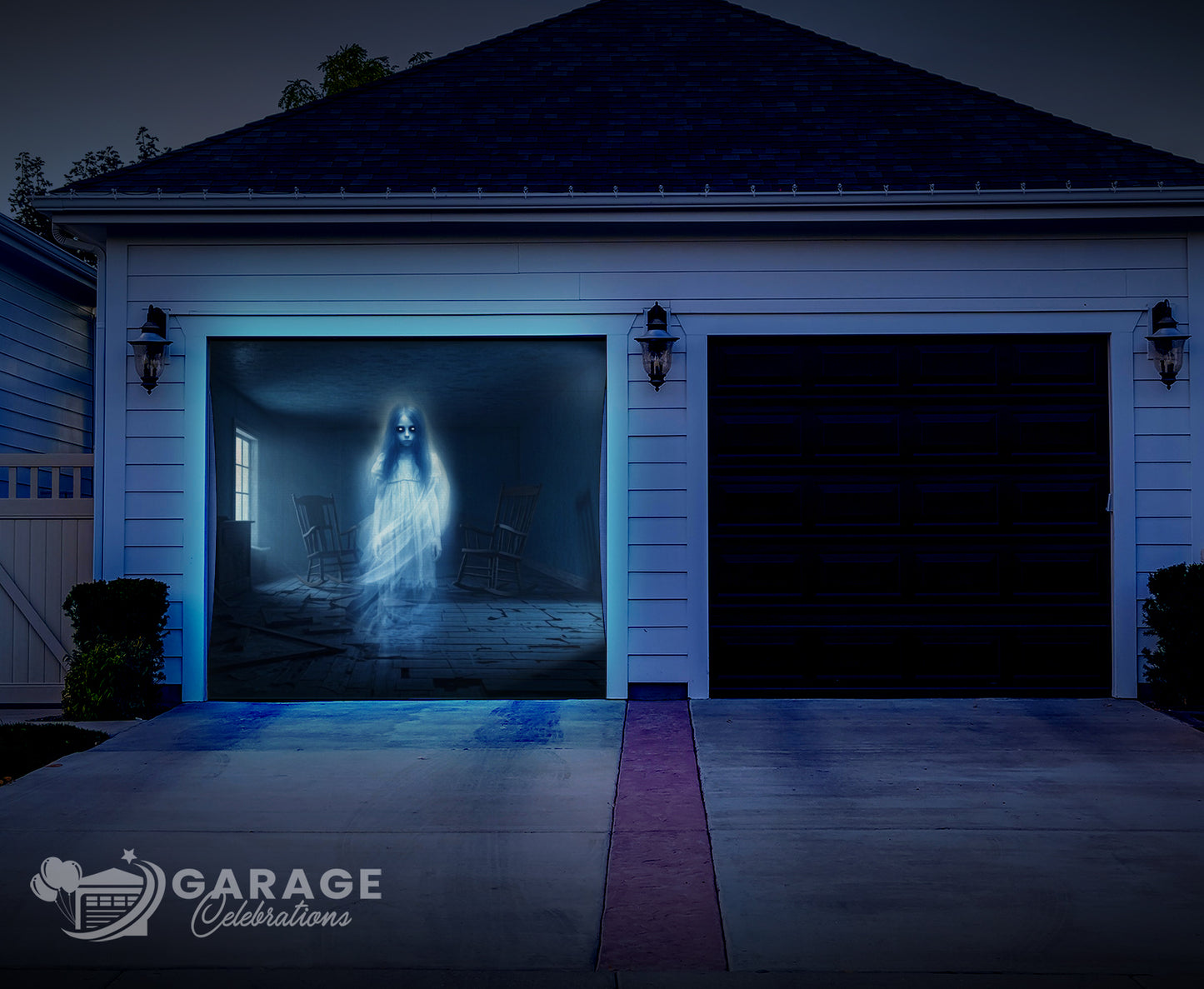 Garage door with a ghostly figure design in the dark.