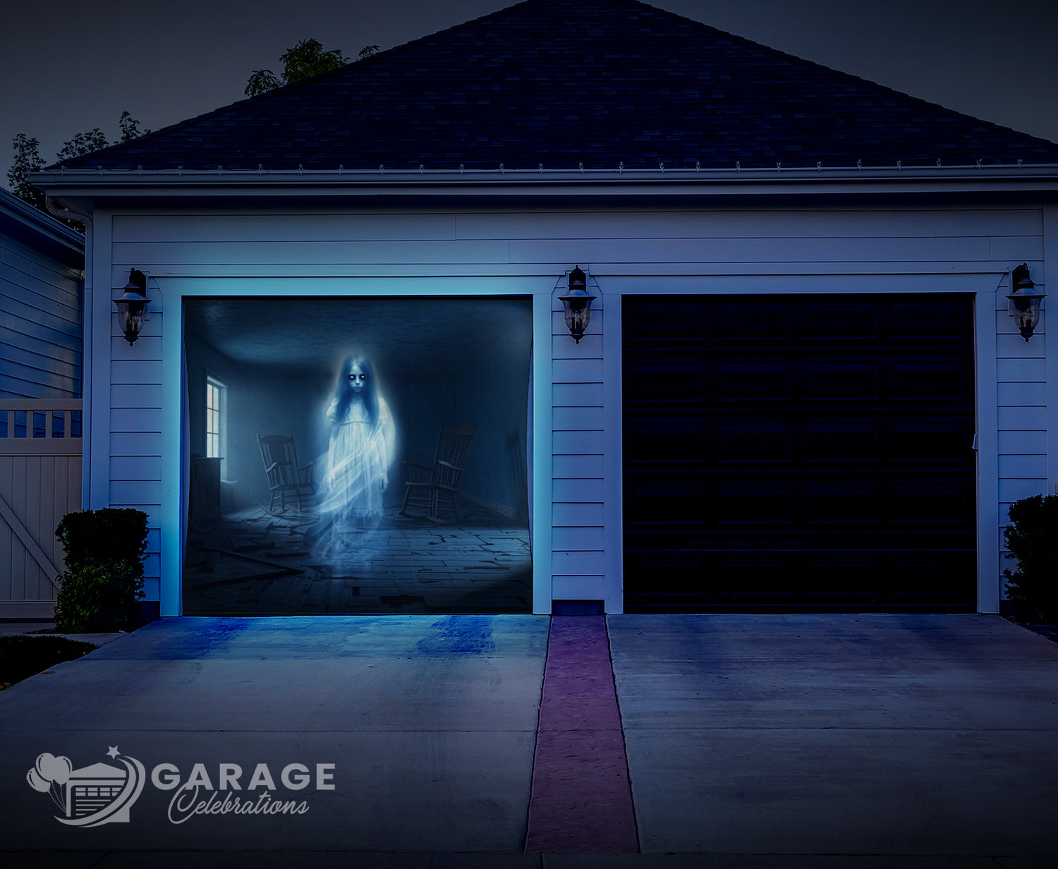 Garage door with a ghostly figure design in the dark.