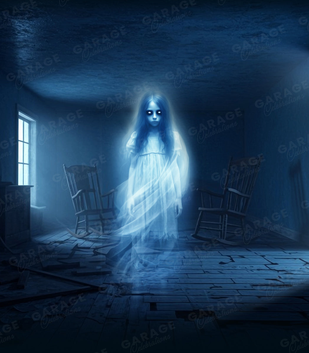 Ghostly figure in a dimly lit room with rocking chairs.