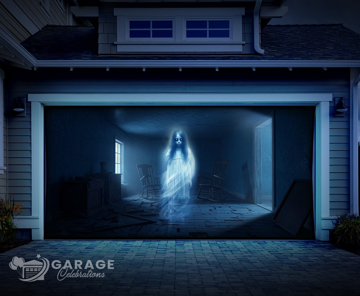 Garage door with a ghostly figure inside, featuring 'Garage Celebrations' logo.
