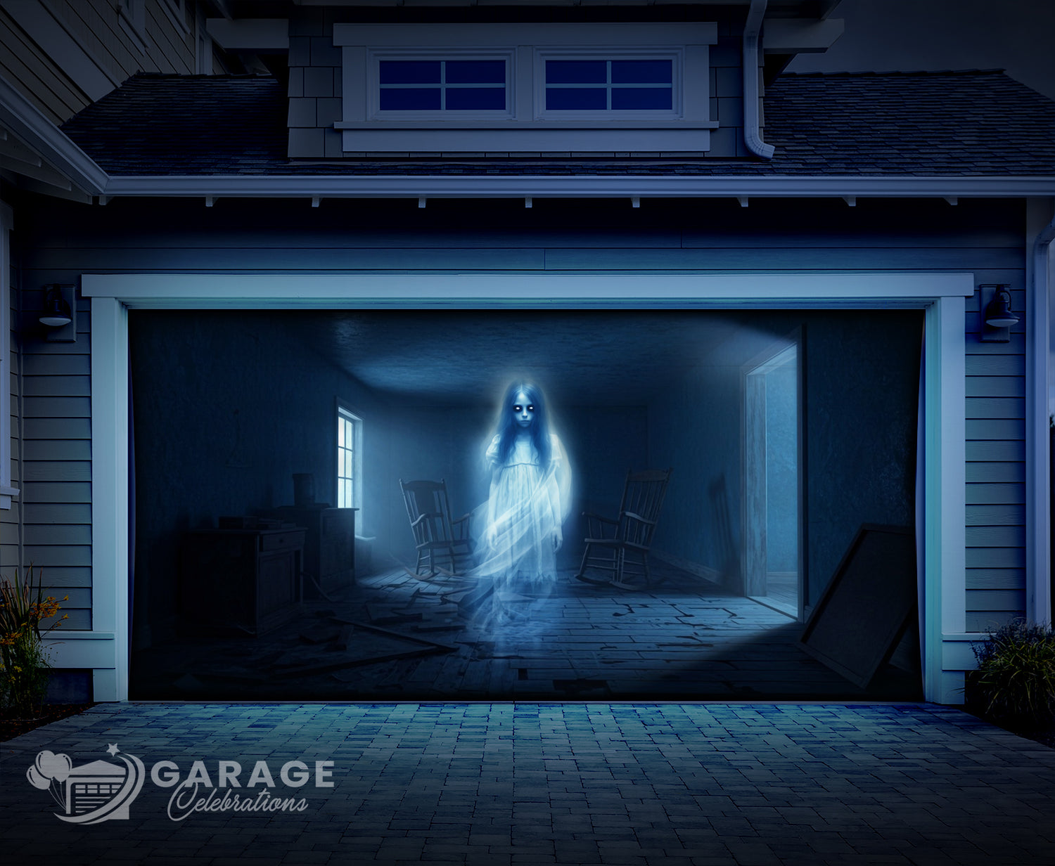 Garage door with a ghostly figure inside, featuring 'Garage Celebrations' logo.