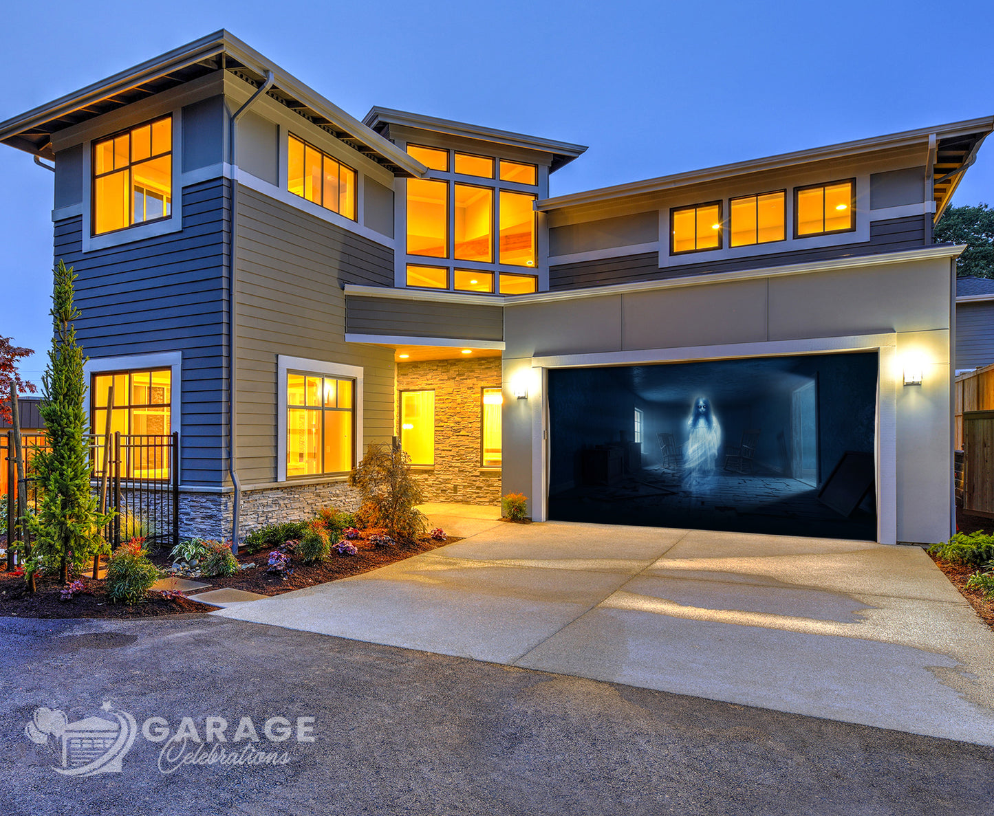 Modern house with a garage at dusk, featuring a haunting ghostly figure inside the garage.