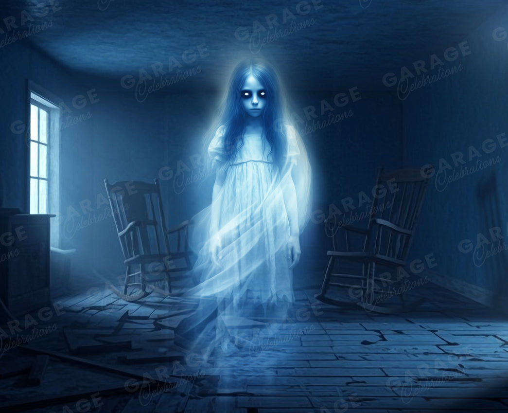 Ghostly figure in a dimly lit room with scattered papers and chairs.