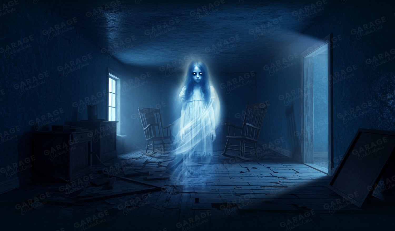 Ghostly figure in a dimly lit room with a blue hue.