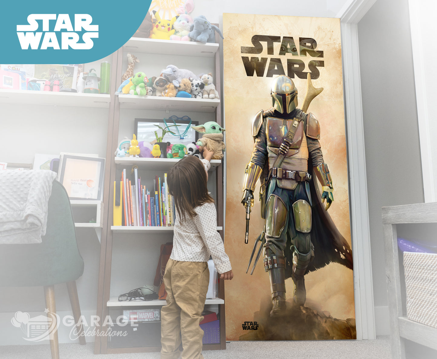 Child looking at a 'Star Wars' poster of a character in a room with shelves and toys.