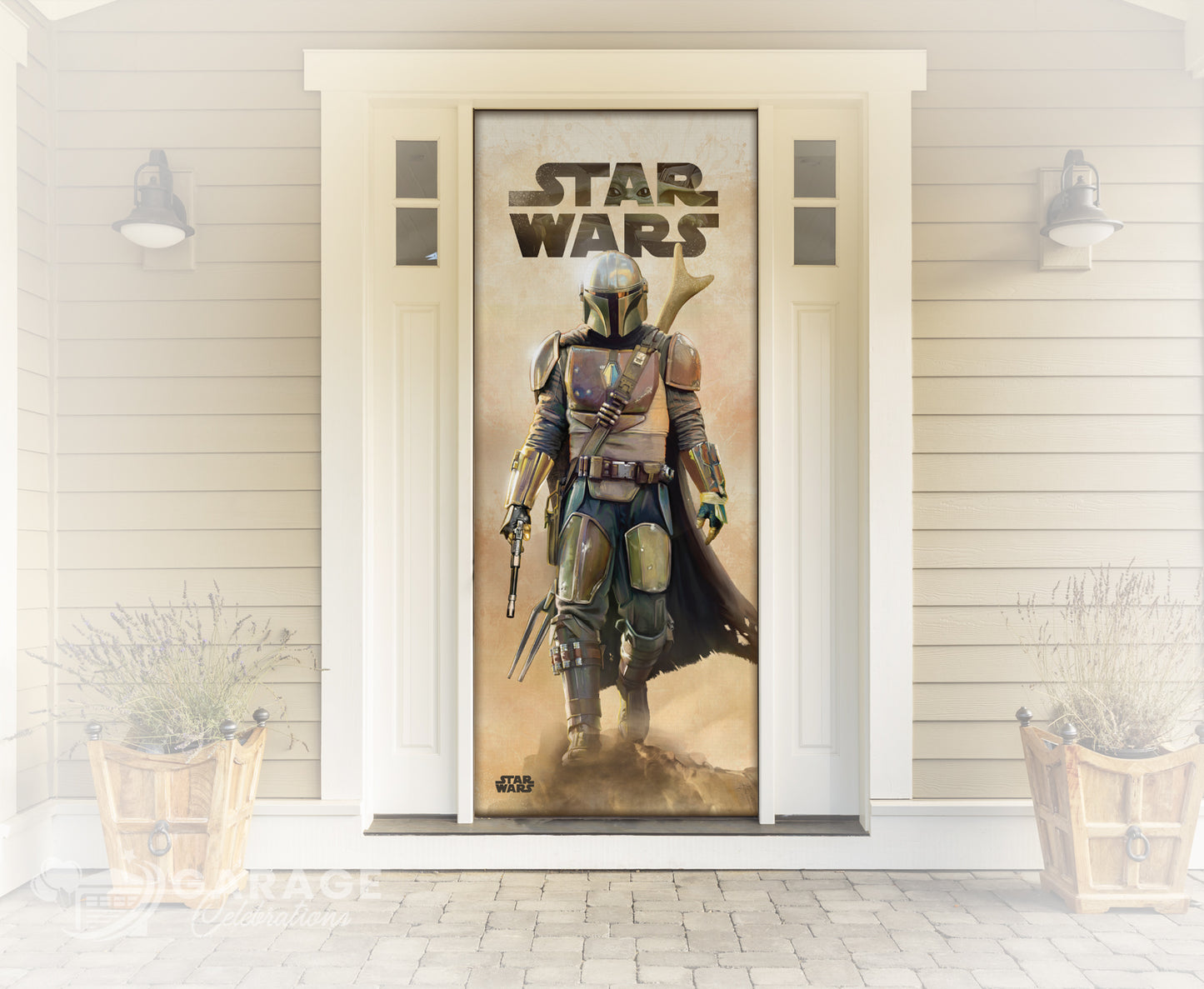 Door with a 'Star Wars' poster featuring The Mandalorian in a desert setting.