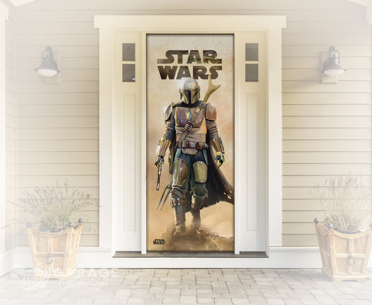Door with a 'Star Wars' poster featuring The Mandalorian in a desert setting.