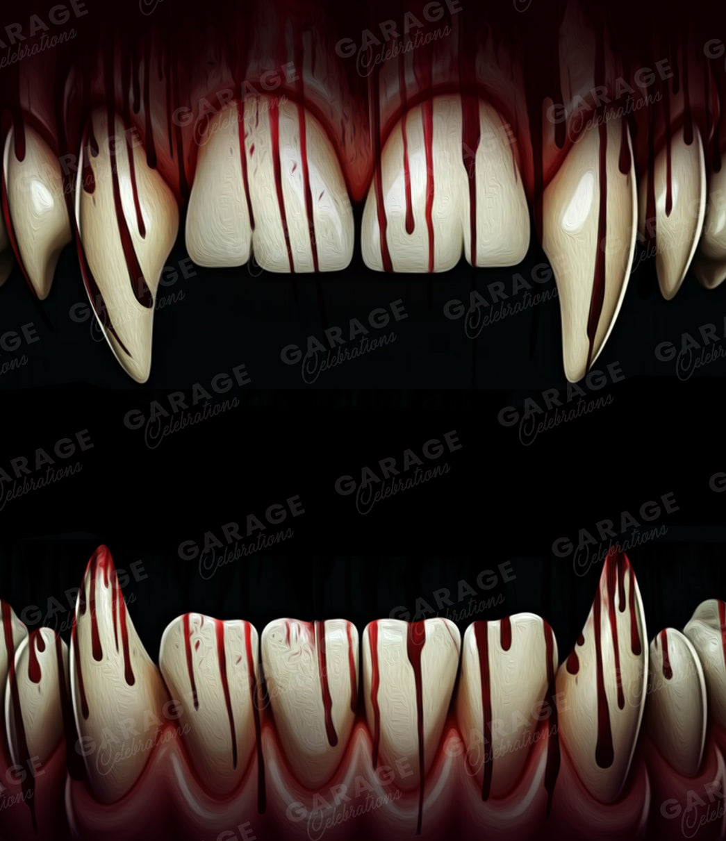 Halloween-themed teeth with blood effects on a dark background