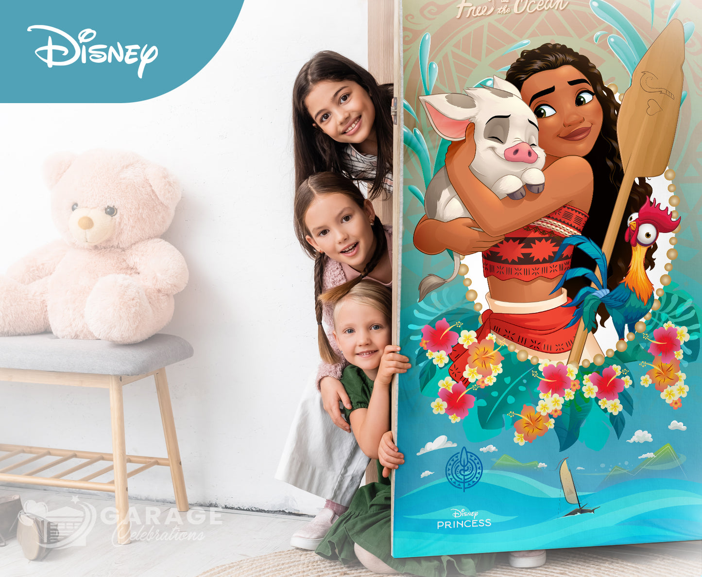 Children with a Disney princess door cover in a room with a teddy bear and shelves.