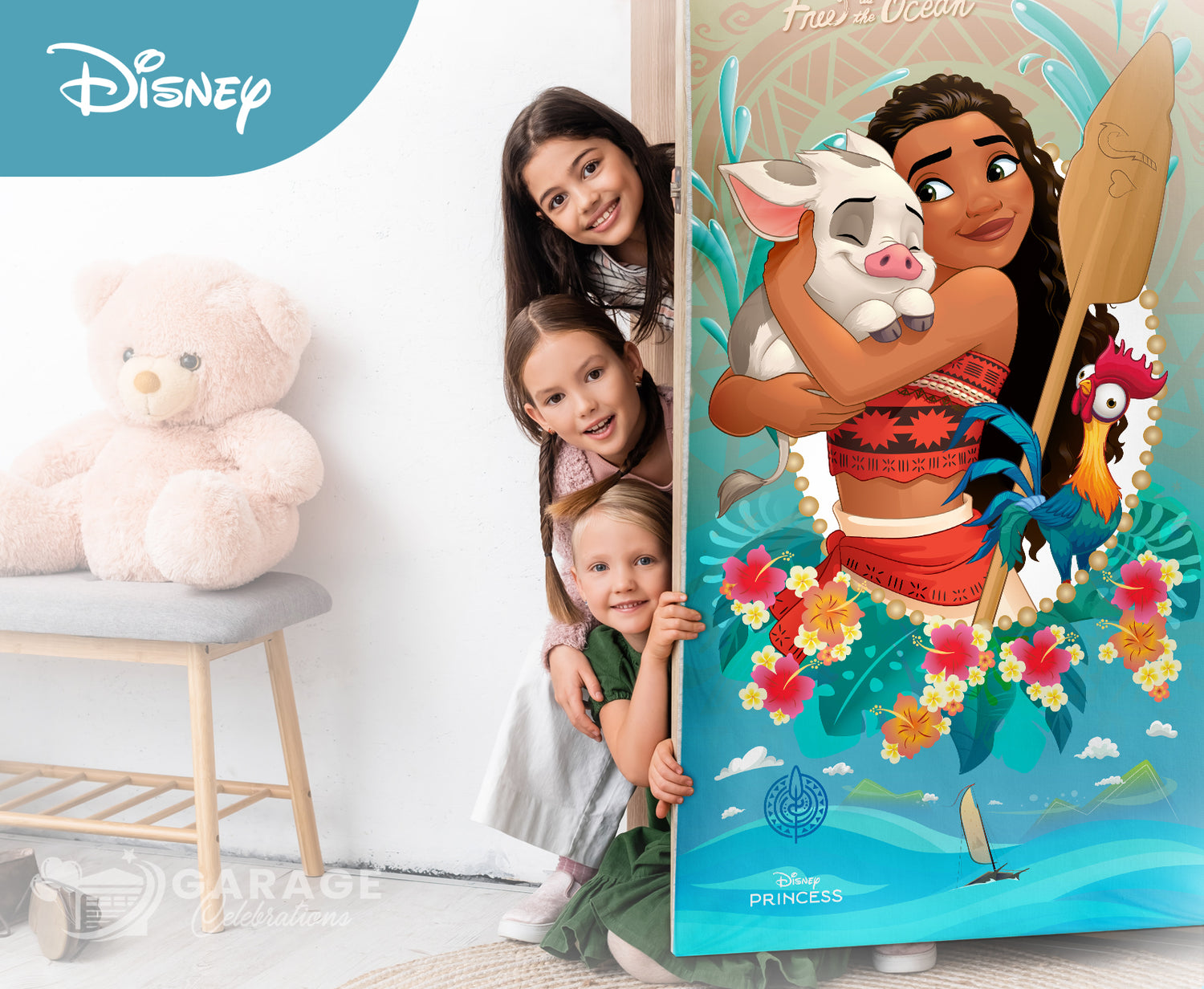 Children with a Disney princess door cover in a room with a teddy bear and shelves.