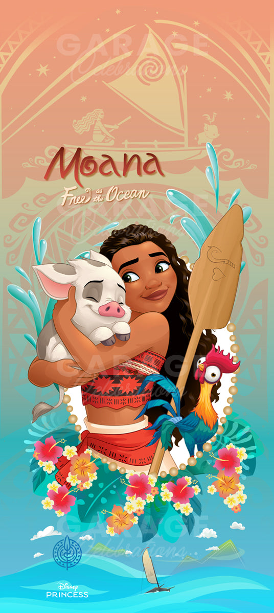 Illustration of Moana from Disney's 'Moana' with a Pua, Hehe, and floral elements on a colorful background.