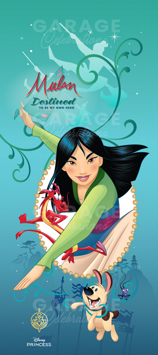 Door cover for Disney's Mulan featuring the character and a dog on a blue background.