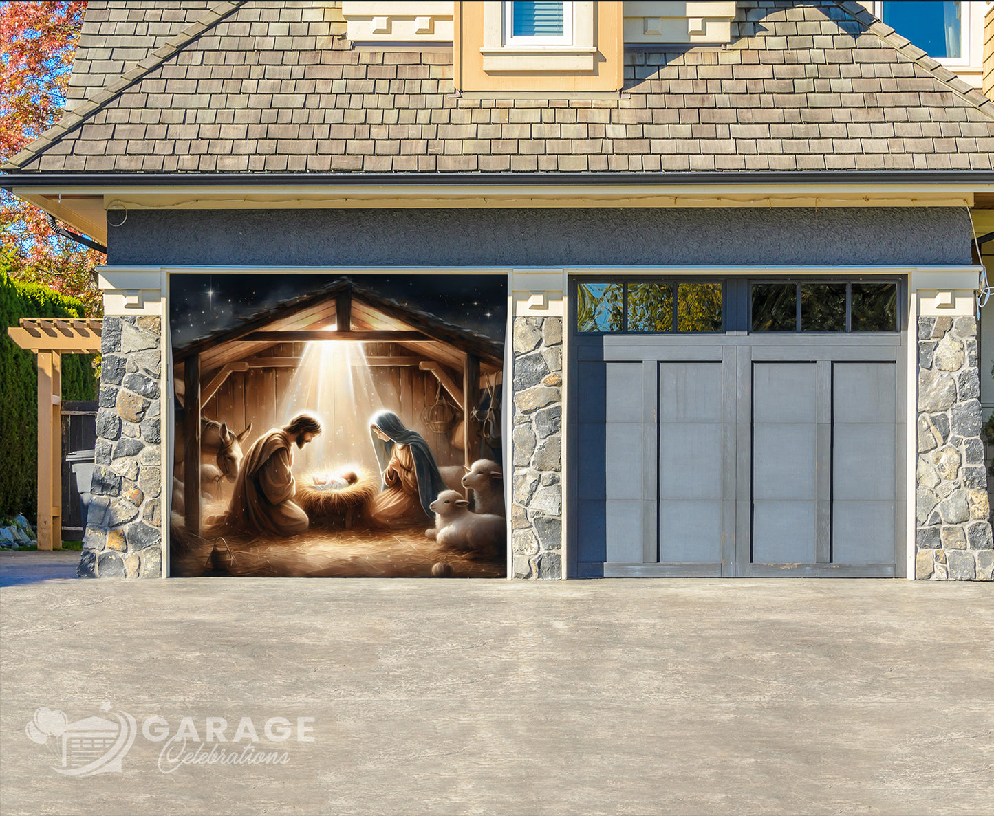 Garage door with nativity scene design in front of a house