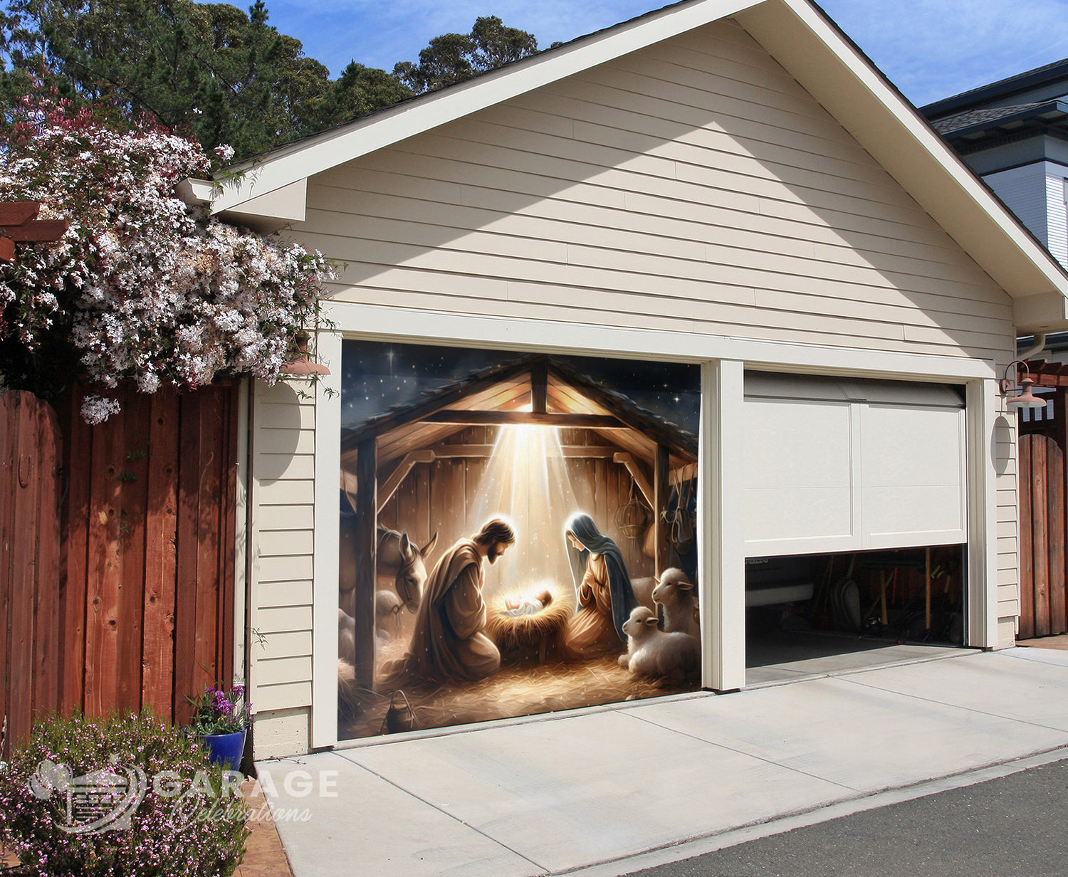 Garage door with a Nativity scene mural featuring Mary, Joseph, and baby Jesus.