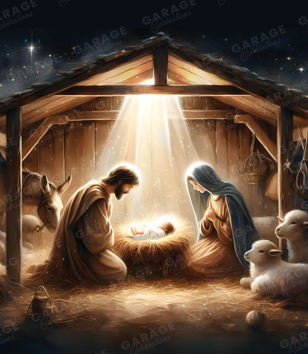 Nativity scene with Mary, Joseph, and baby Jesus in a stable with animals.