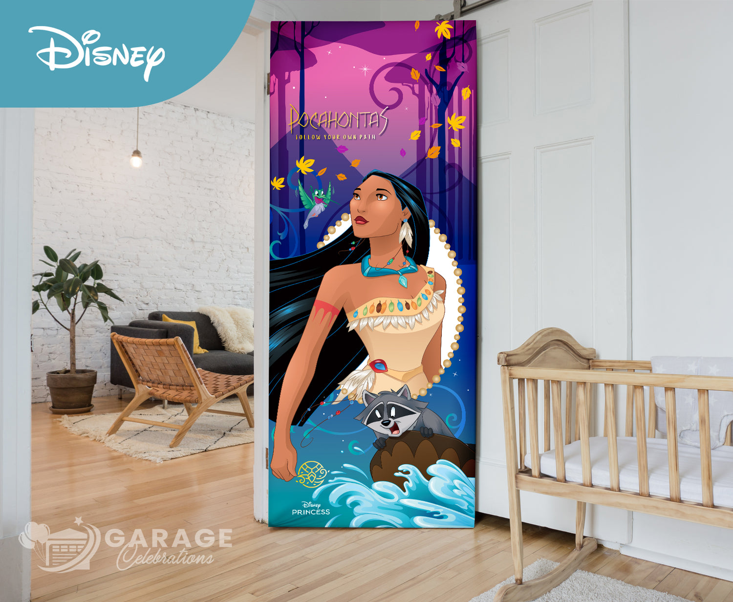 Pocahontas decorative bedroom door cover in a room setting with a Disney logo.