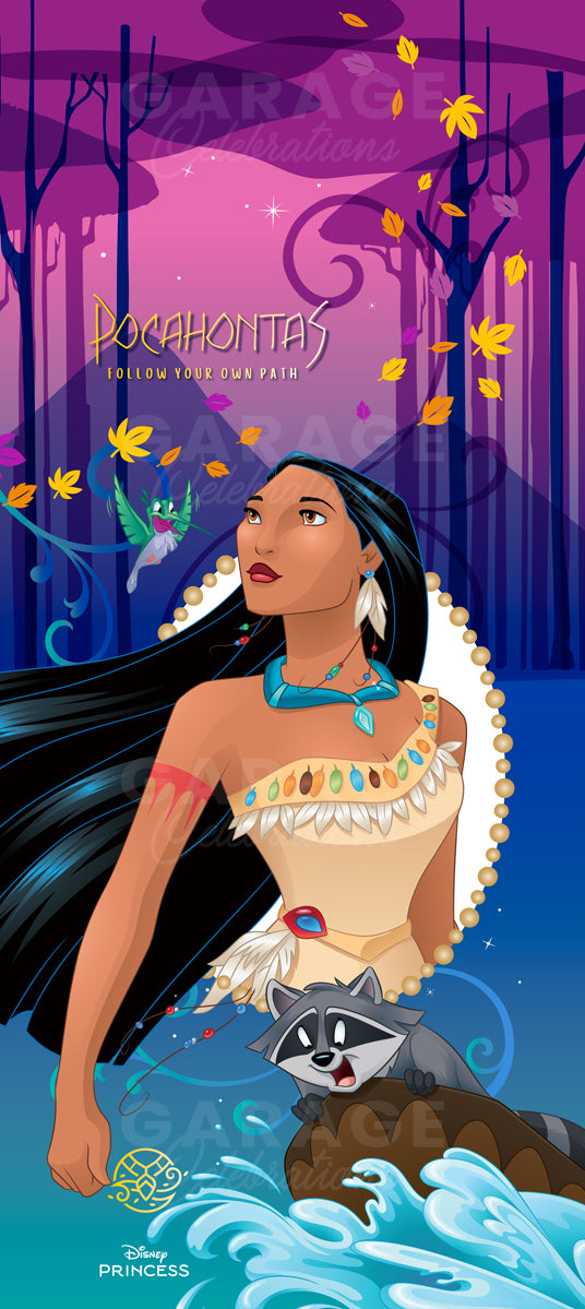 Illustration of a character from Disney's Pocahontas with a raccoon friend against a magical forest background.