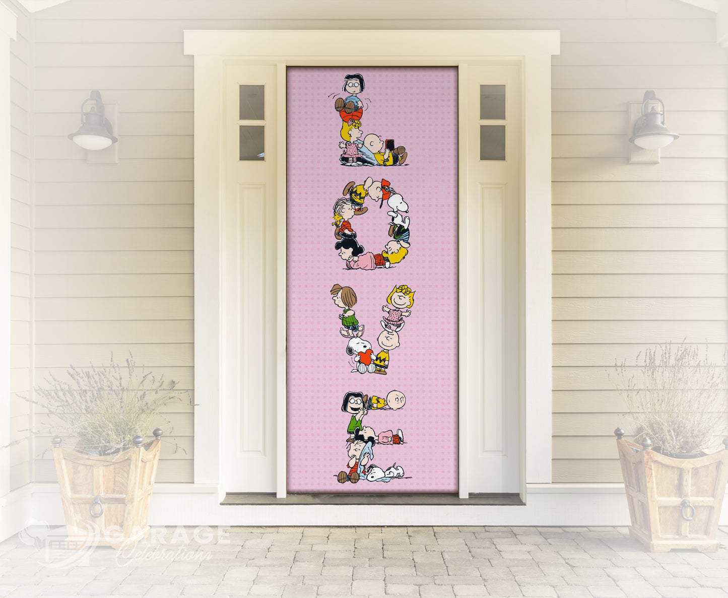 Decorative door with Snoopy and other Peanuts cartoon characters spelling 'LOVE' on a pink background