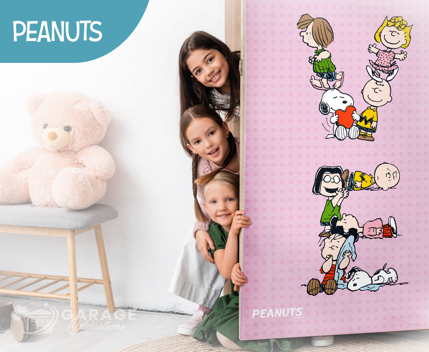 Children peeking from behind a door with Peanuts character illustrations, featuring a teddy bear and 'Peanuts' branding.