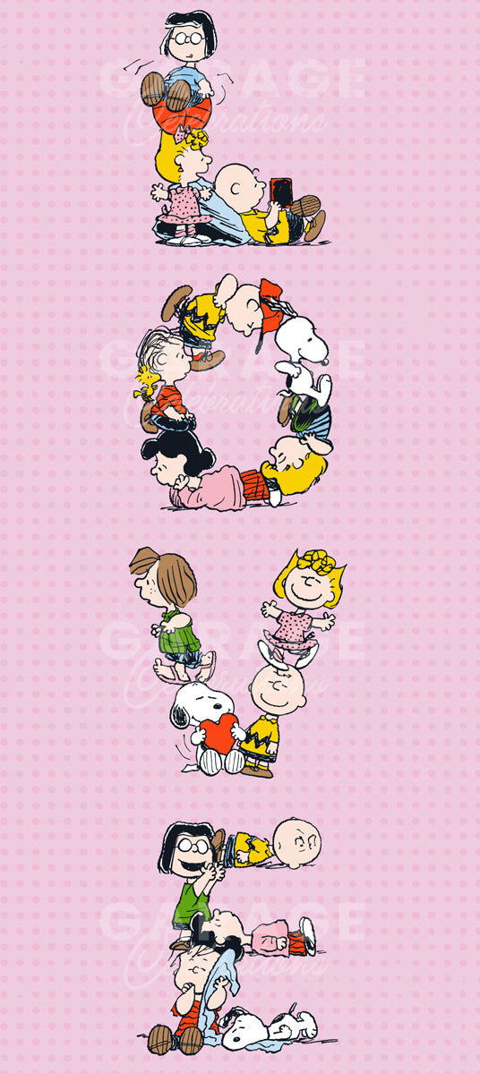 Snoopy and other Peanuts cartoon characters arranged in a circular pattern on a pink background