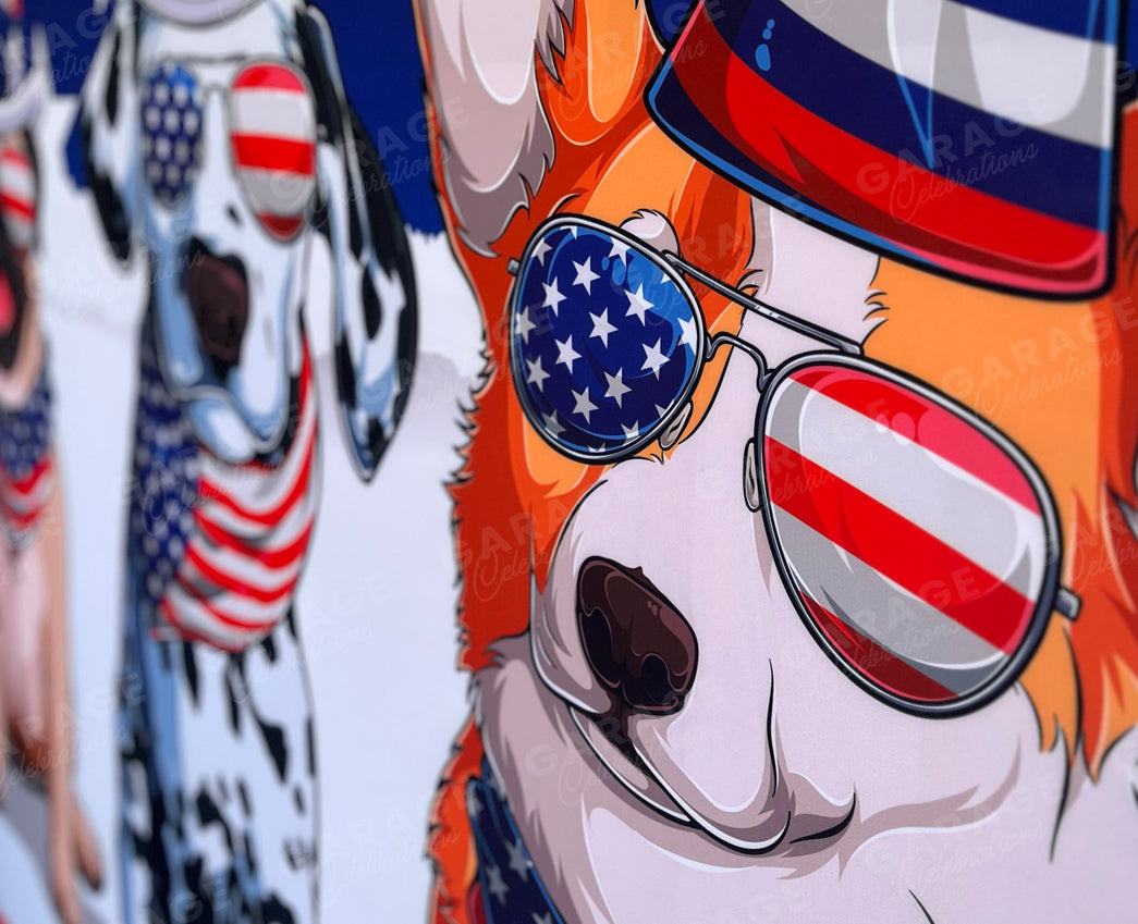 Cartoon dog wearing American flag sunglasses with a blurred background