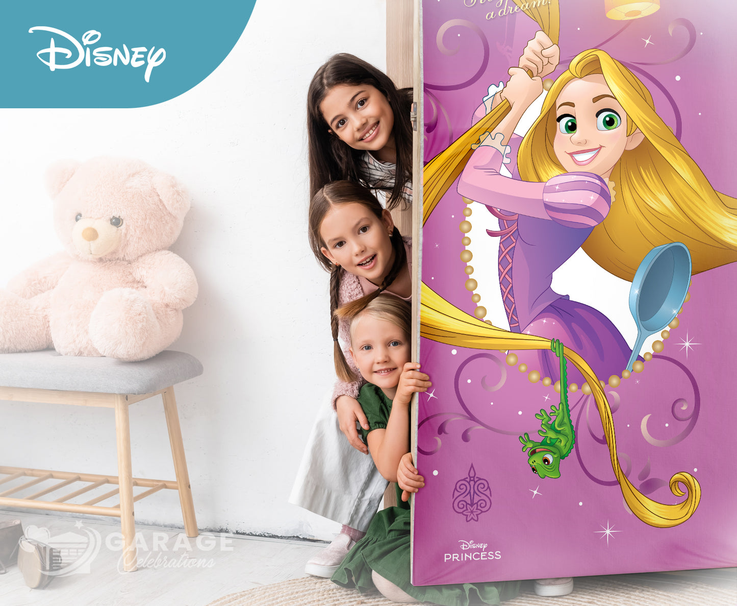 Children peeking from behind a Disney Princess door with Rapunzel on it, featuring the Disney logo.