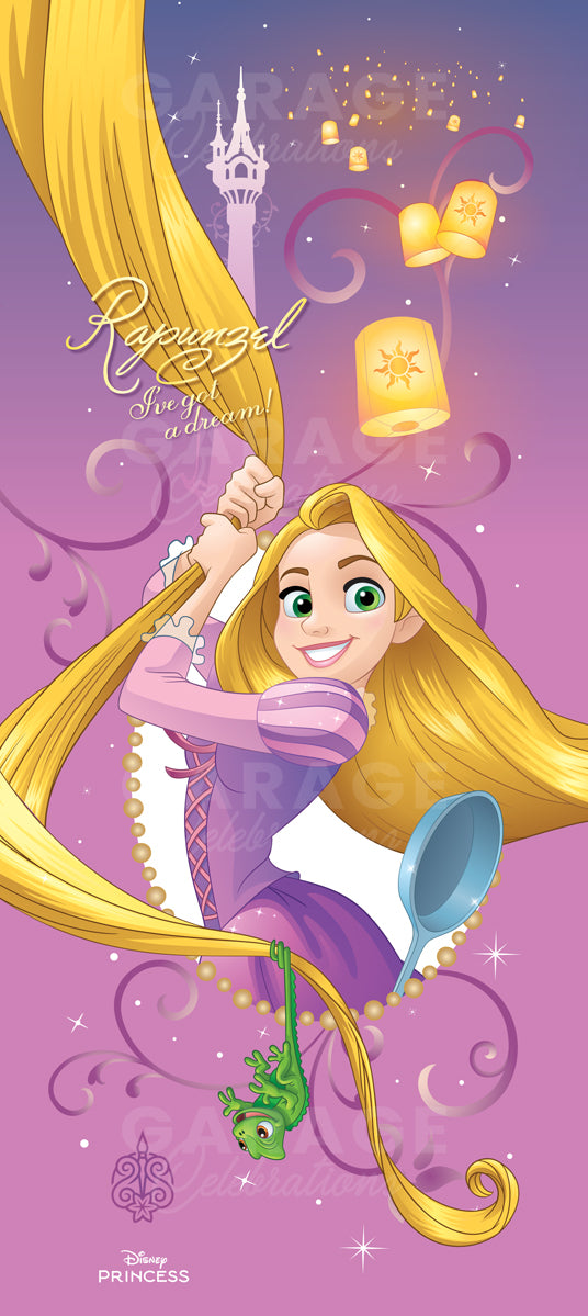 Disney Princess Rapunzel with long blonde hair and purple dress on a purple background