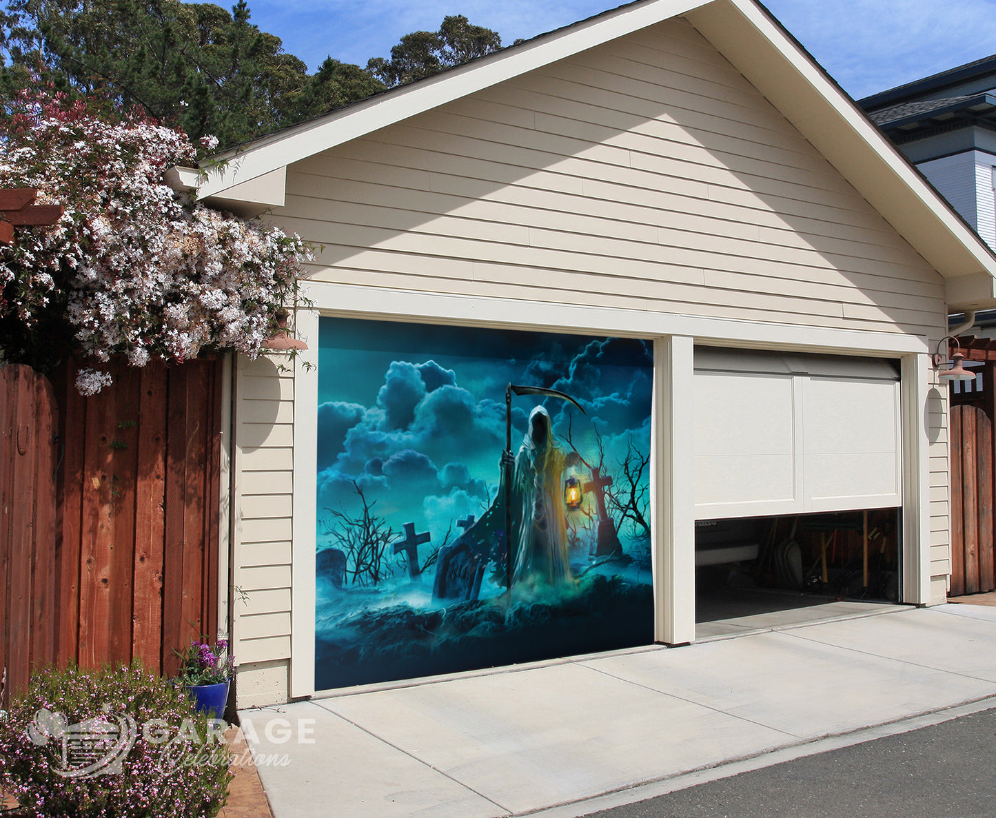 Grim Reaper Halloween illustration on a residential garage door.