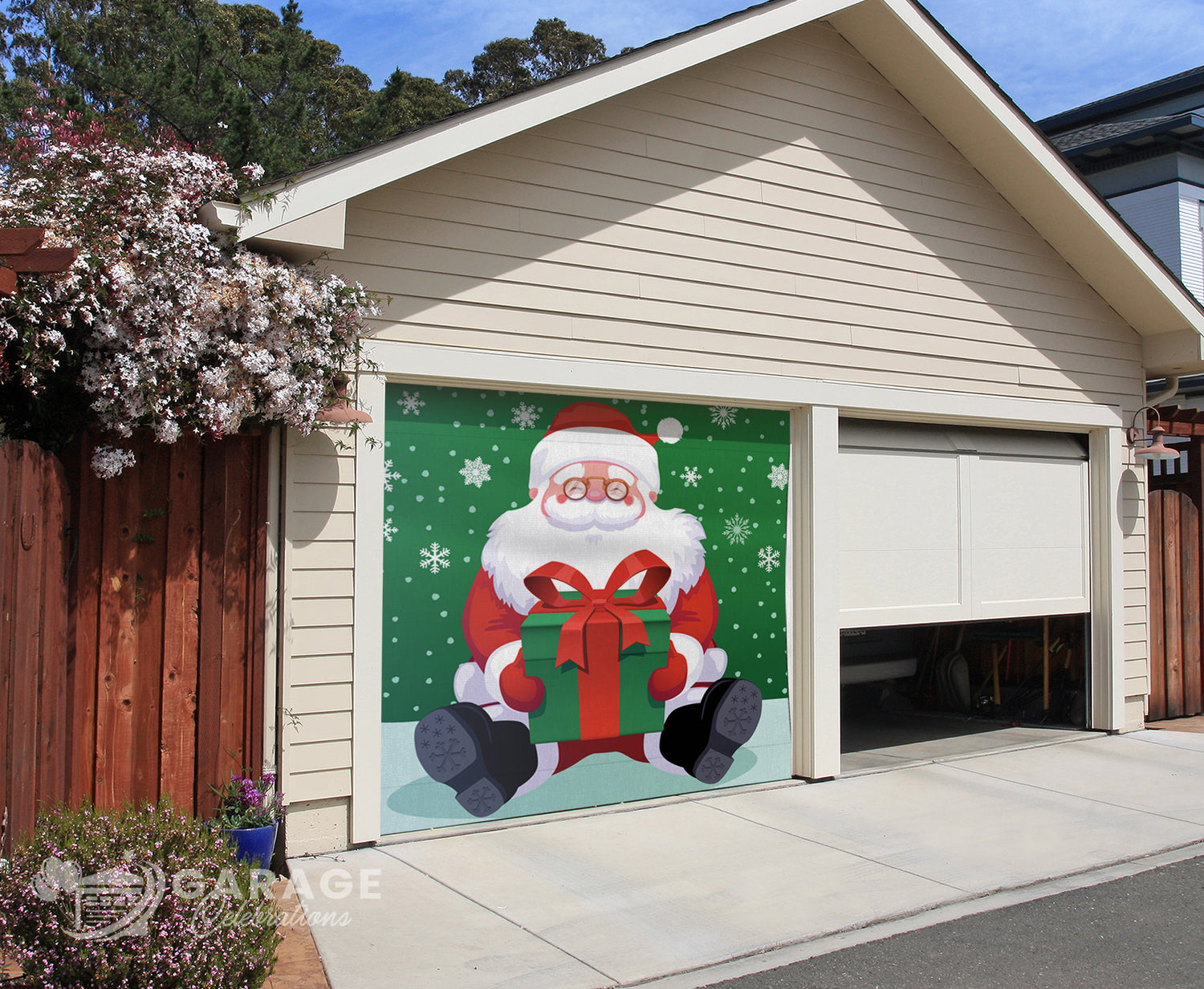 Illustration of a Santa Claus holding a gift on a residential garage door.