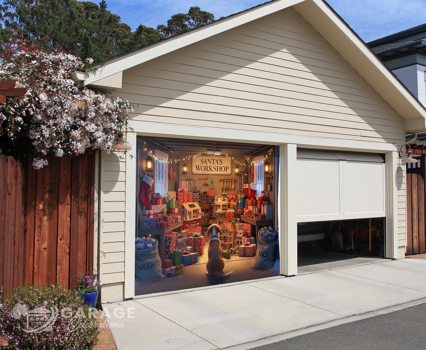 Garage with a decorative display of toys and Christmas decorations, with a dog in the foreground.