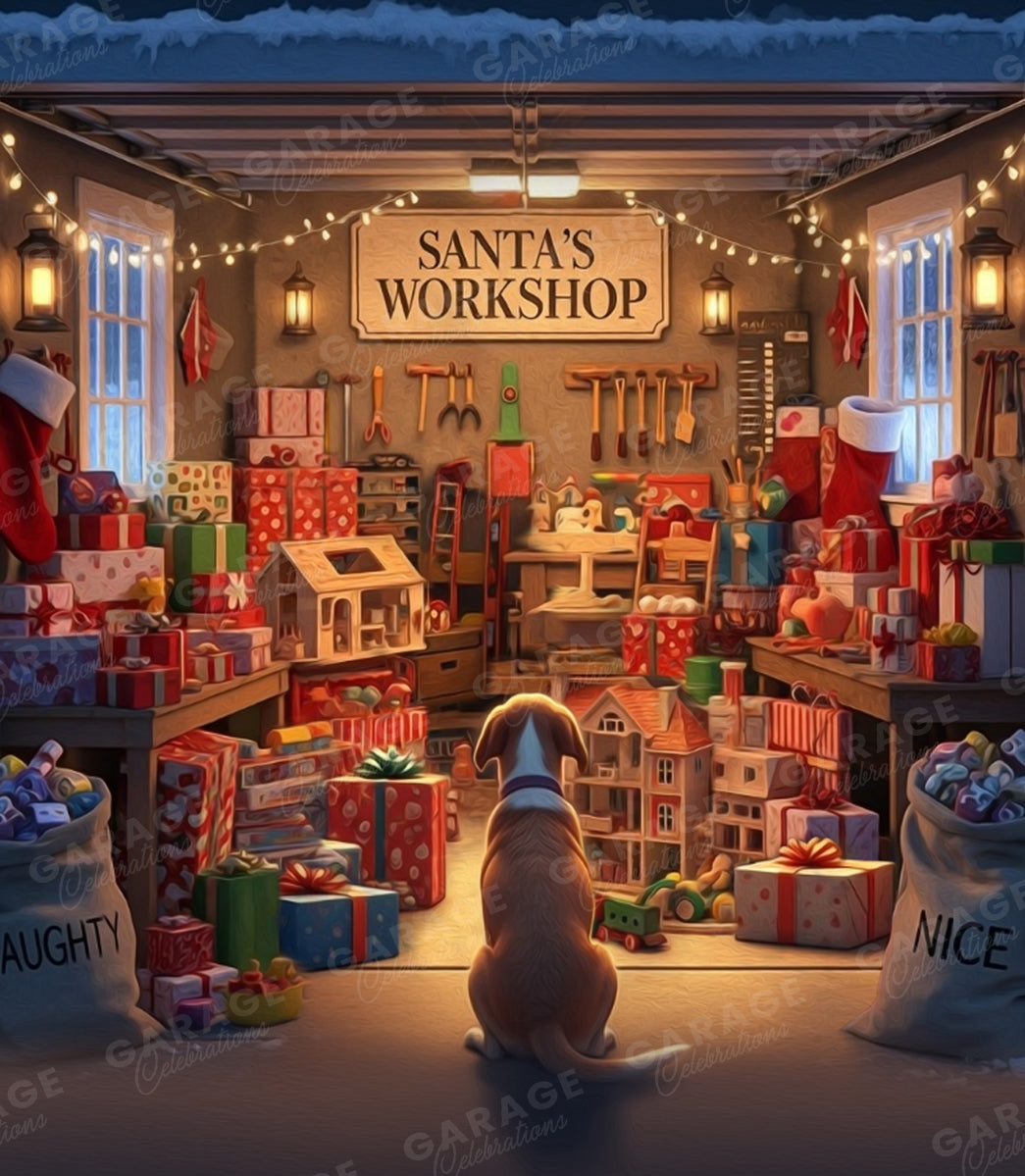 Illustration of Santa's Workshop with Christmas toys and presents, featuring a dog sitting in the foreground.