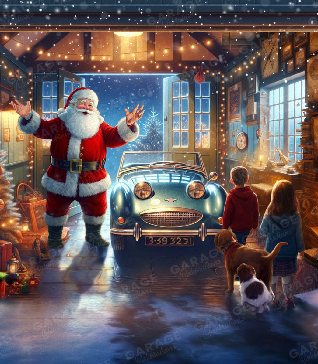 Illustration of Santa Claus opening a car door in a cozy, decorated room with children and a dog.