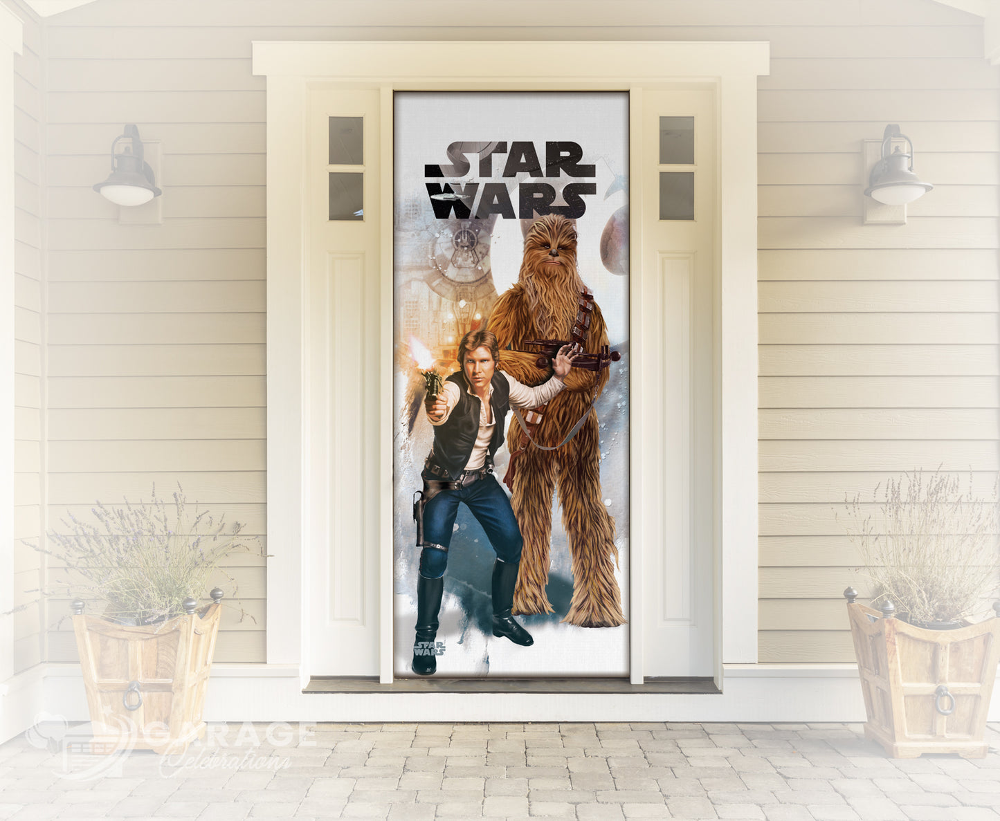 Decorative door with a Star Wars-themed poster featuring Han Solo and Chewbacca in a room.