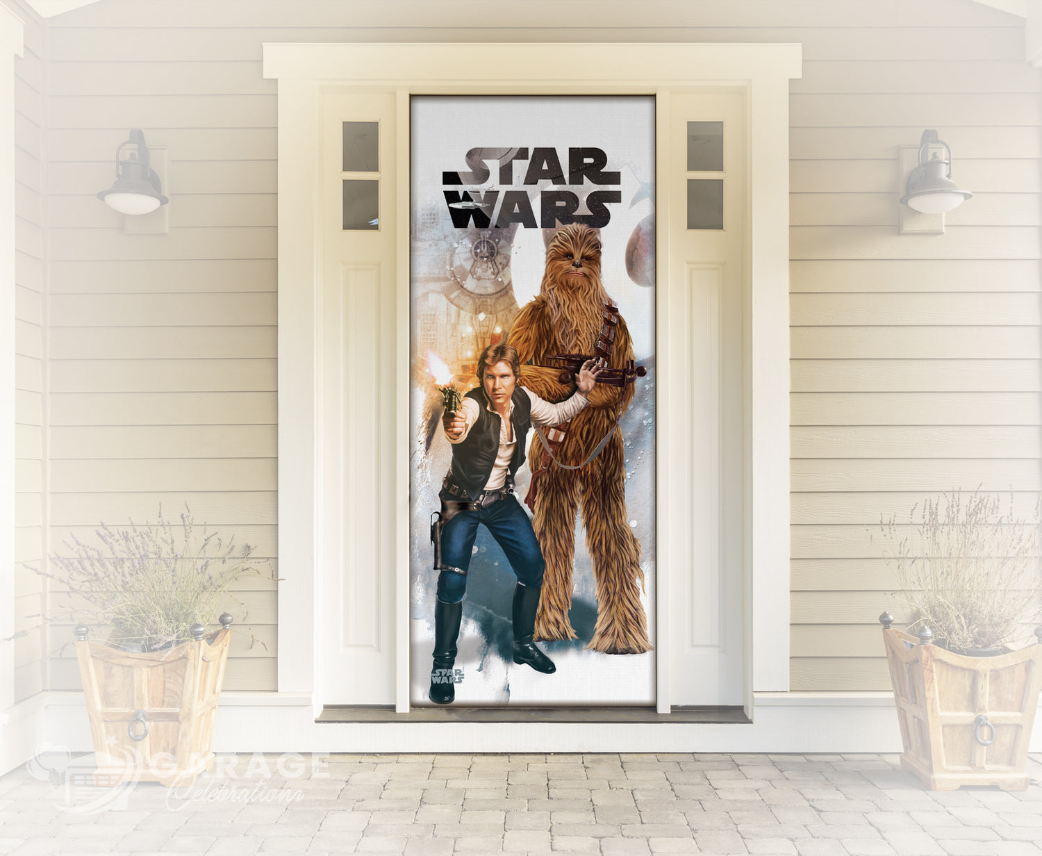Decorative door with a Star Wars-themed poster featuring Han Solo and Chewbacca in a room.