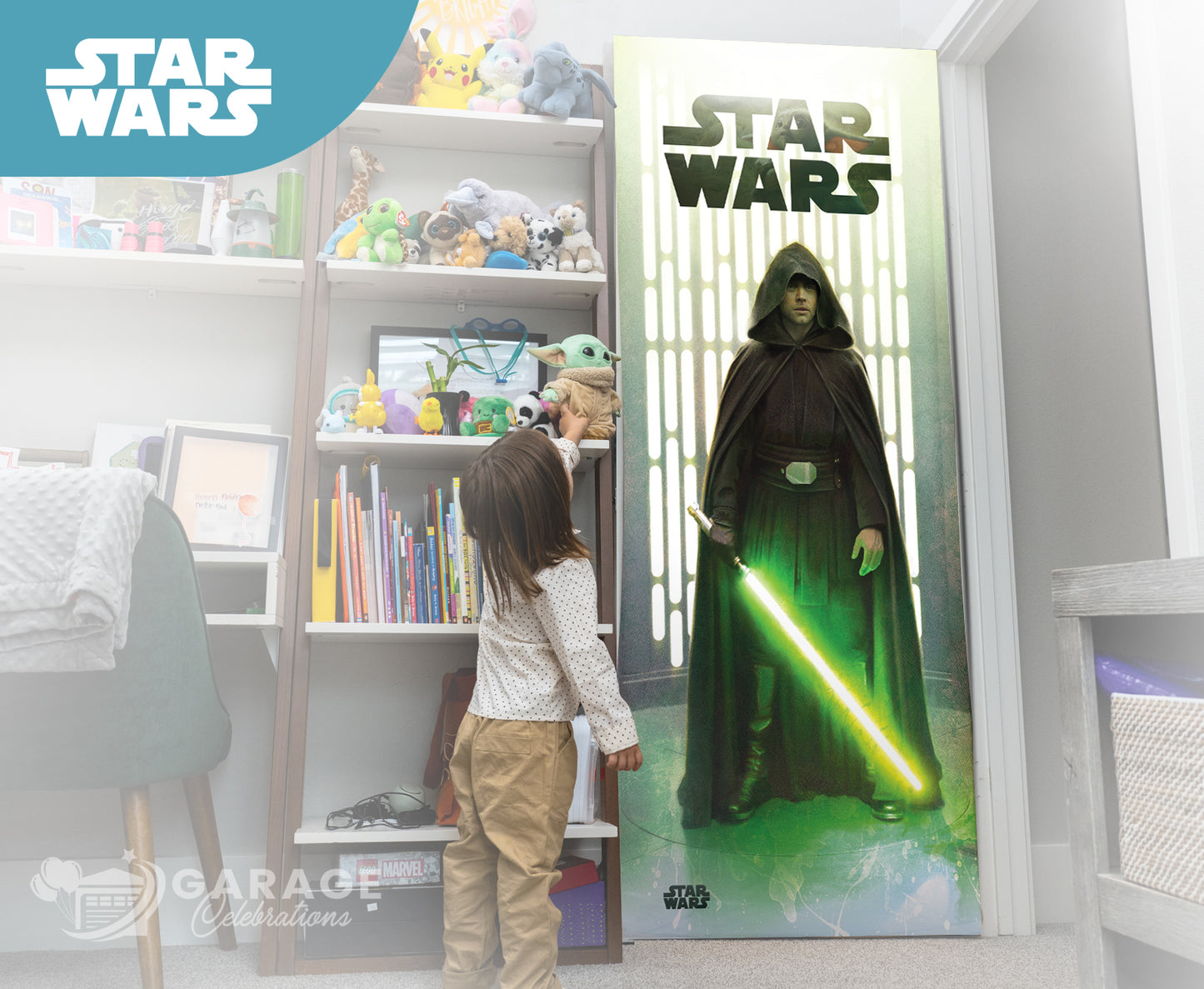 Child standing in front of a 'Star Wars' Luke Skywalker door cover in a room with shelves and toys.